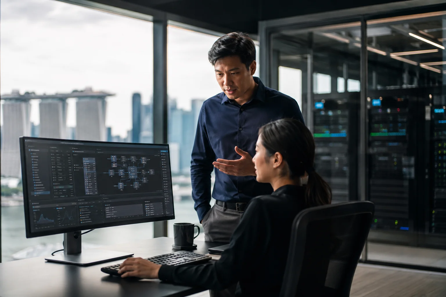 Illustrative IT professionals reviewing an integrated business system
